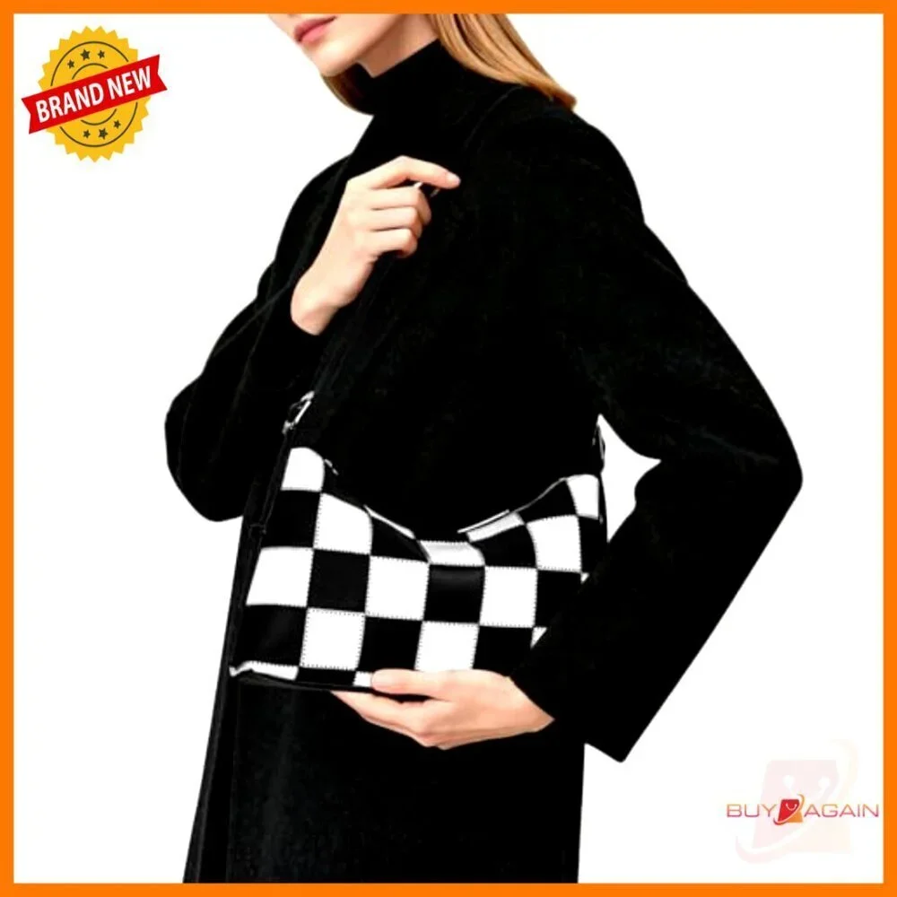 Checkered Vegan Leather Tote Bag Adjustable Strap Crossbody Shoulder Purse